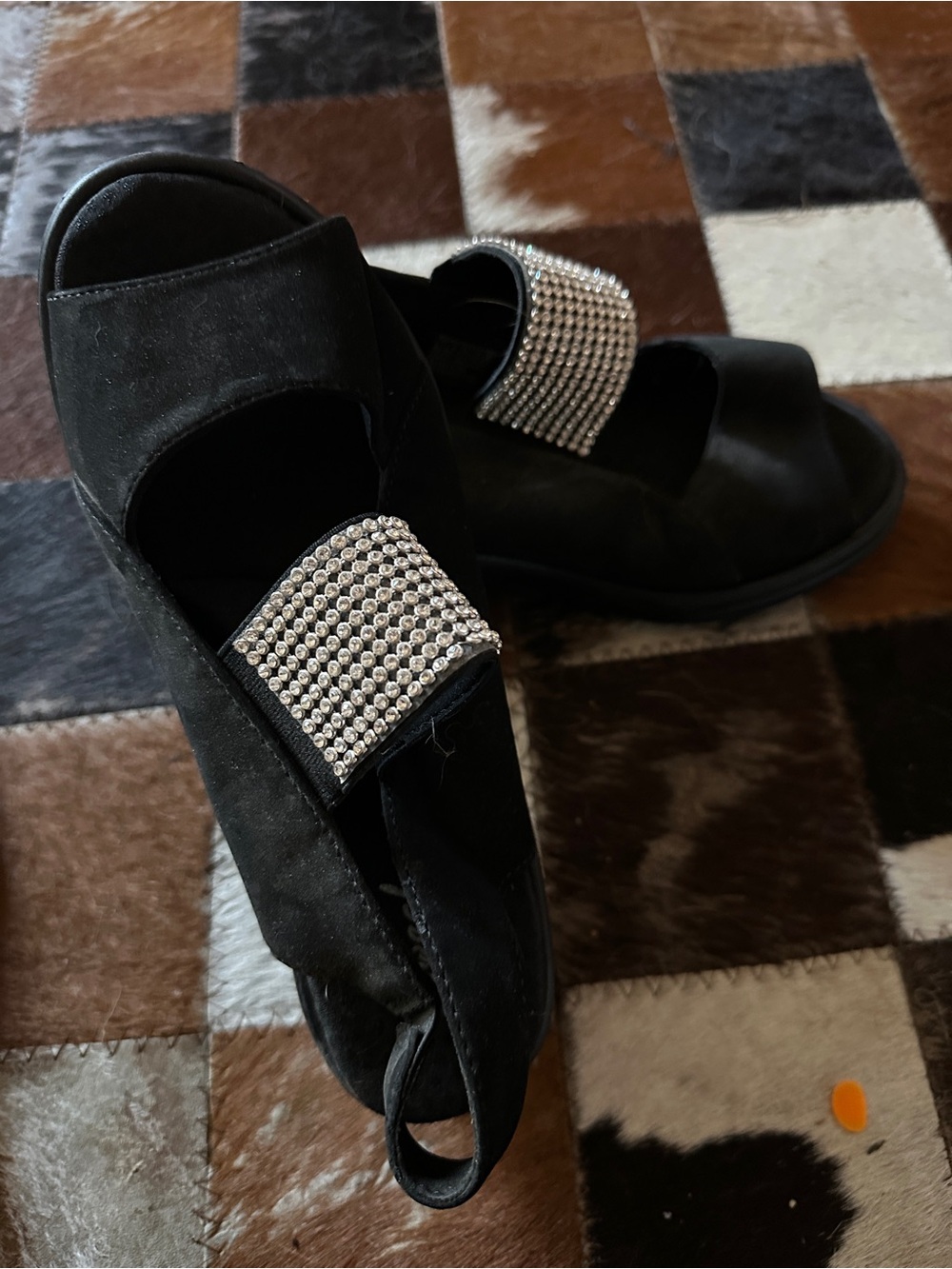 Skechers Black Slide Sandals with Silver Rhinestone Strap